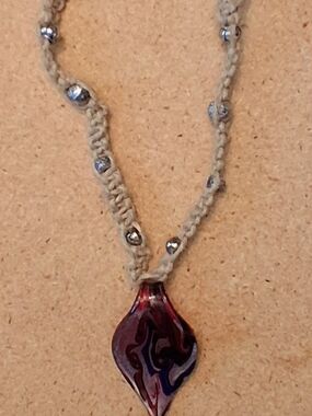 Handcrafted Hemp Cord Necklace with Red-Purple Glass Pendant